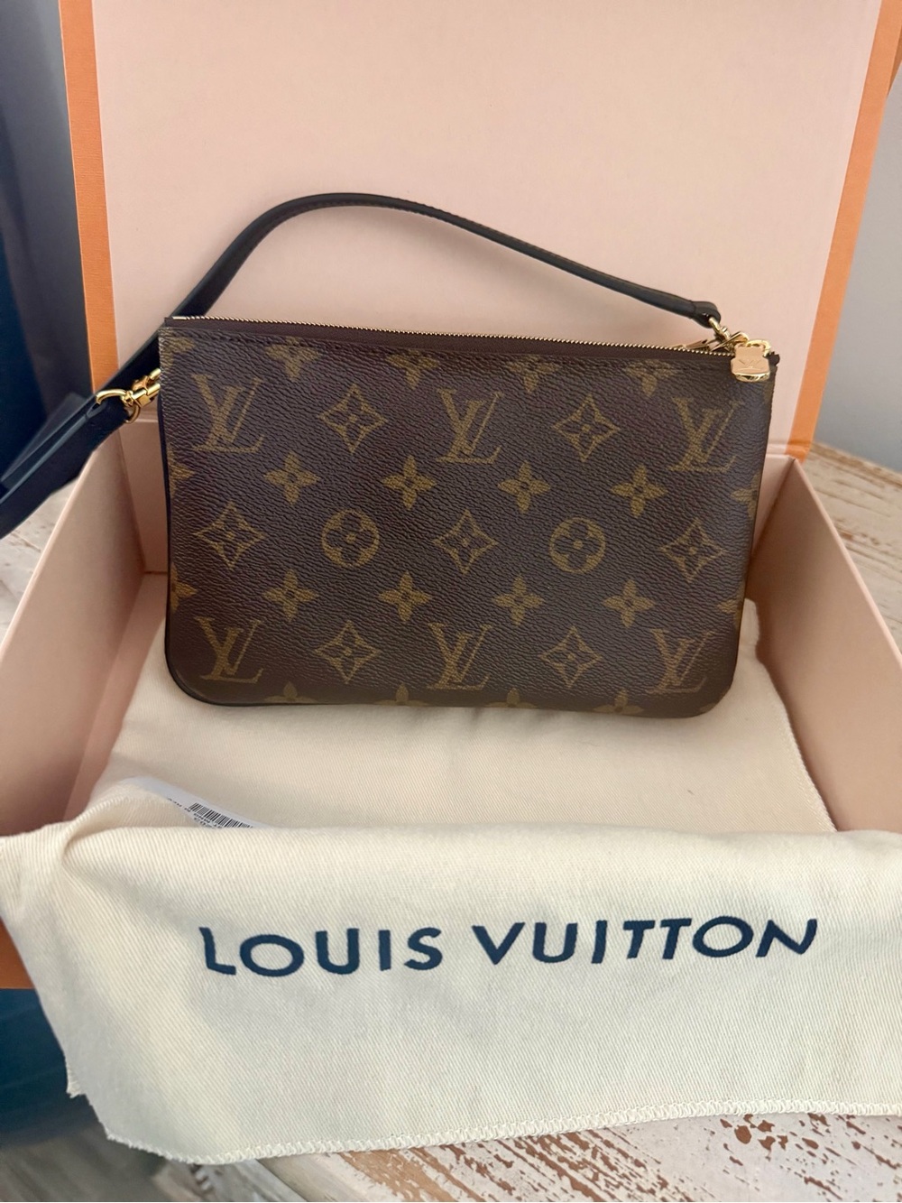 Louis Vuitton Double Zip Pochette Monogram Canvas Wristlet Clutch in Brown